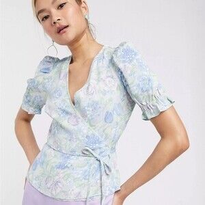 & Other Stories Size 6 Tammy Wrap Top Pastel Floral‎ Puff Sleeve Grannycore NWT